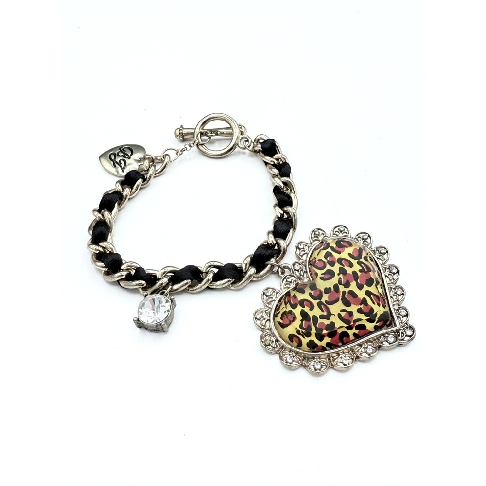 Vintage Y2K Betsey Johnson Leopard Heart Black Ribbon Charm Bracelet Y2K